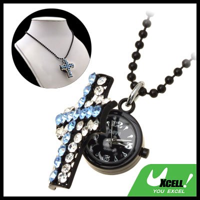 Fashion Jewelry Cross Pendant Blue Rhinestone Chain Necklace Lady's Quartz Watch