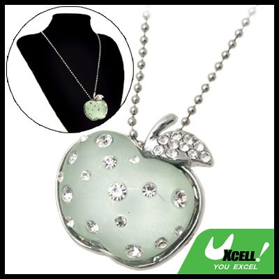 Fashion Jewelry Green Crystal Apple Rhinestone Pendant Sweater Chain Necklace Girl's Watch