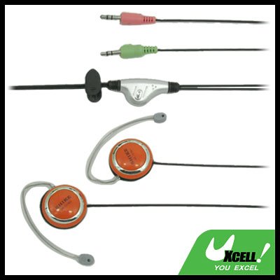 3.5mm Stereo Earphone Headphone Microphone Orange with Ear-Hook for PC Computer