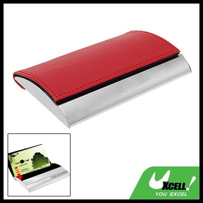 Slim Red Leather Stainless Steel Business Card Case Holder