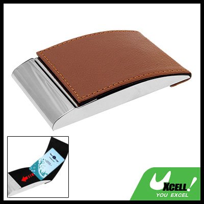 Vertical Brown Leather Stainless Steel Business Card Case Holder