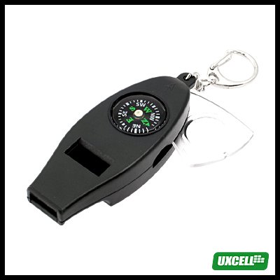 Key Ring Whistle with Compass + Thermometer + 3X Magnifier Black