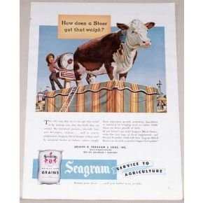 1951 Seagram Dried Grains Cow Art Color Print Ad
