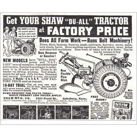 1938 Shaw Du-All Garden Tiller Tractor Print Ad