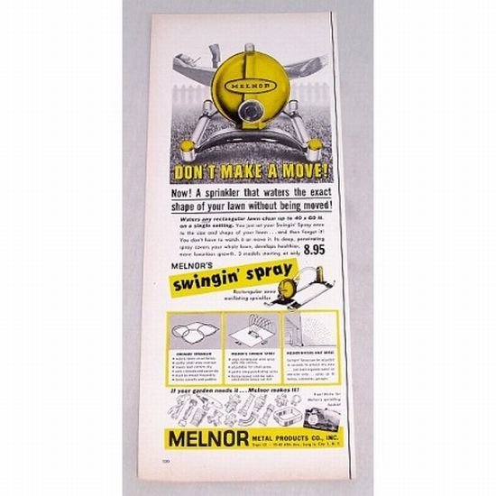 1956 Melnor's Swingin Spray Oscillating Sprinkler Color Print Ad