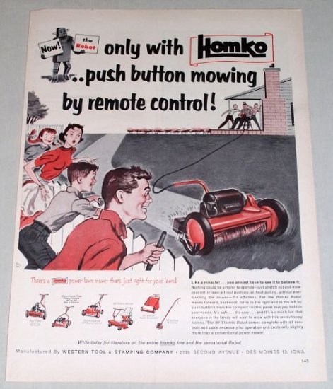 1954 Homko 20 Electric Robot Remote Power Mower Art Color Print Ad