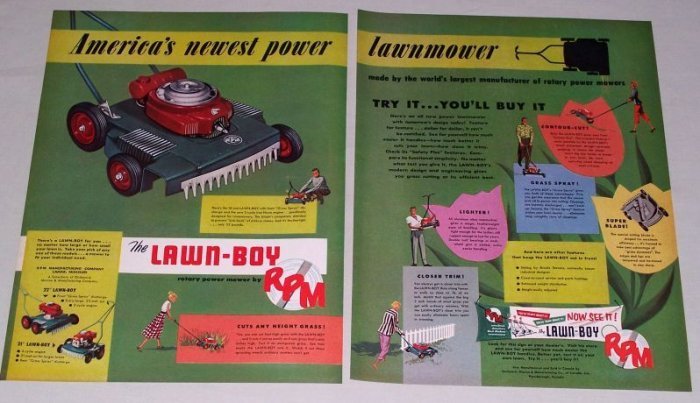 1953 RPM Lawn Boy 18" Rotary Power Mower 2 Page Color Print Ad