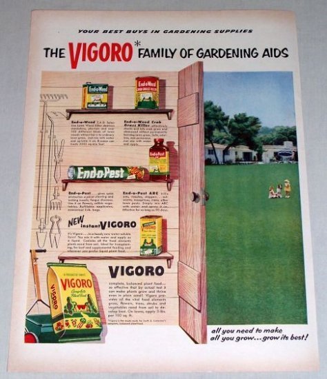 1953 Vigoro Gardening Aids Supplies Color Print Ad