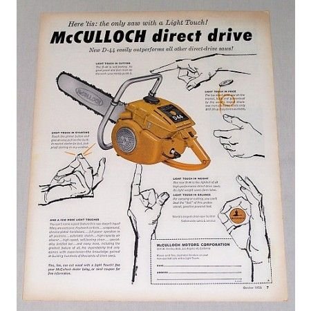 1956 McCullock D-44 Direct Drive Chain Saw Color Print Ad
