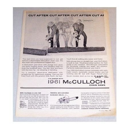 1960 Print Ad for 1961 McCULLOCK Chain Saw - Cut After Cut