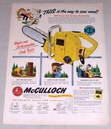 1953 McCulloch Model 33 Chain Saw Color Print Ad