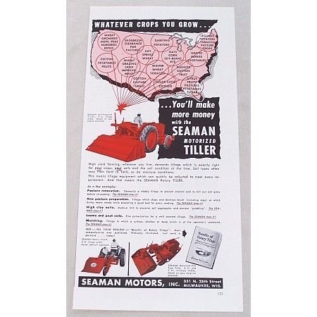 1952 Seaman 7ft Motorized Rotory Tiller Color Print Ad