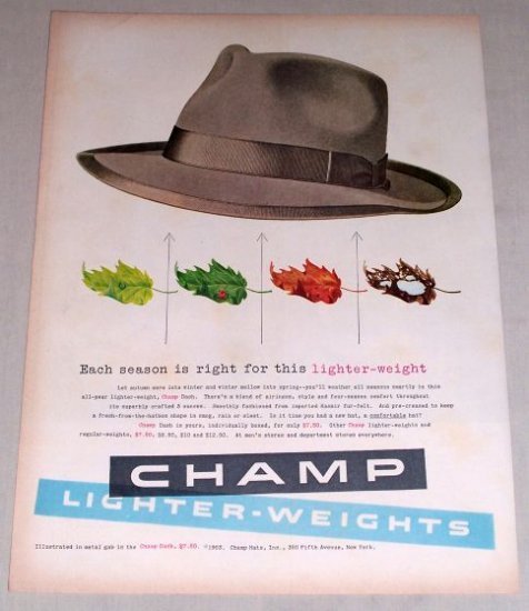 1953 Champ Dash Lighter-Weights Men's Hat Color Print Ad