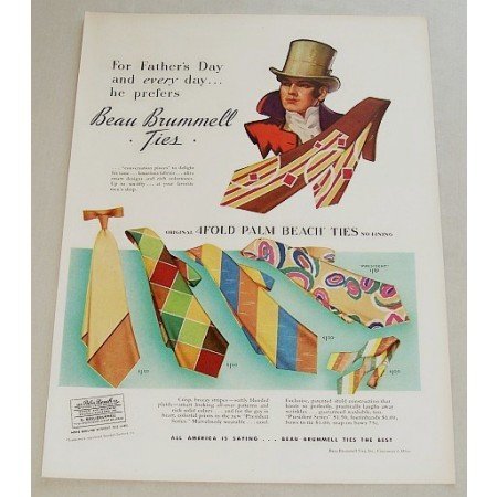 1948 Beau Brummell 4 Fold Palm Beach Ties Color Print Ad