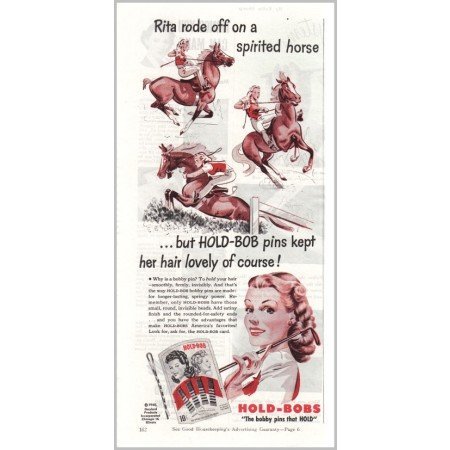 1945 Hold-Bobs Bobby Pins Horse Riding Art Color Print Ad - Rita