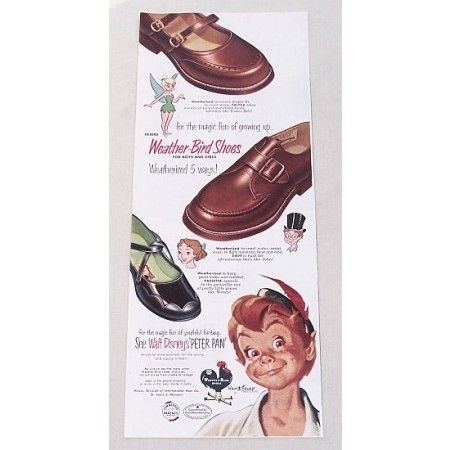 1953 Peters Weather Bird Shoes Disney's Peter Pan Color Print Ad