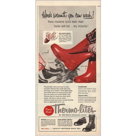 1955 Red Ball Thermo-lites Insulated Boots Color Print Ad