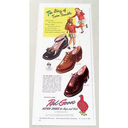 1947 Red Goose Action Shoes Color Print Ad - Twin Trouble