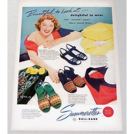 1951 Ball Brand Summerettes Womens Shoes Color Art Print Ad Celebrity Ellen Drew