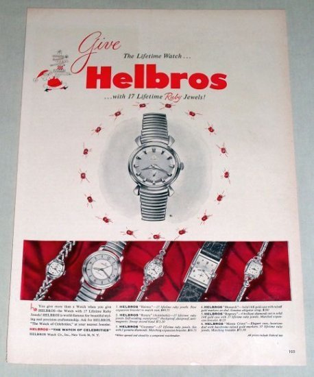 1953 Helbros 17 Lifetime Ruby Jewels Watch Color Print Ad