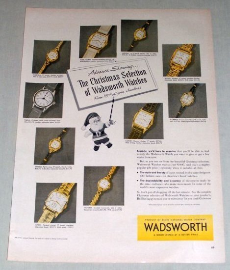1953 WADSWORTH Watches Color Christmas Print Ad