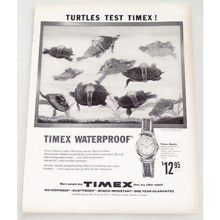 1956 Timex Marlin Waterproof Wristwatch Turtles Print Ad