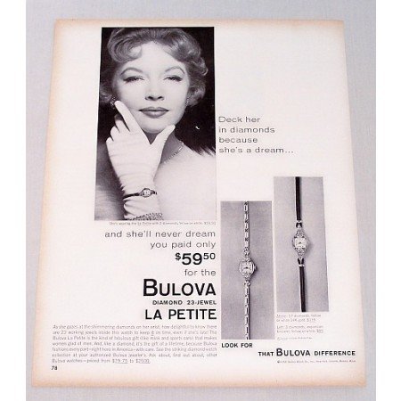 1958 Bulova Diamond 23 Jewel La Petite Ladies Watch Print Ad