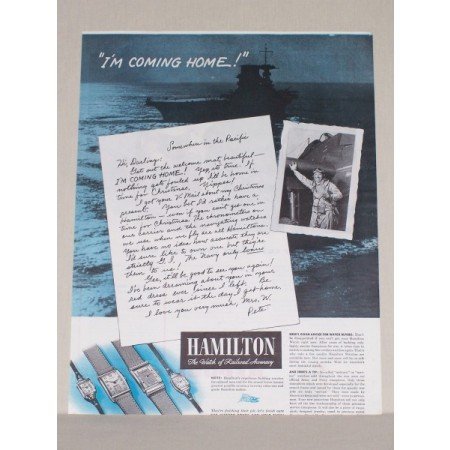 1945 Hamilton Watches Color Wartime Warship Print Ad - Coming Home
