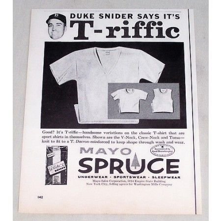 1956 Mayo Shirt Print Ad Baseball Celebrity Duke Snider