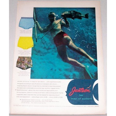 1955 Jantzen Skin Diver Men's Swimwear Color Print Ad