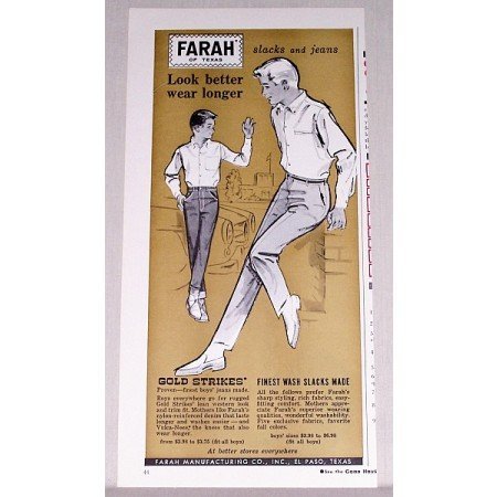 1961 Farah Gold Strikes Boys Slacks Jeans Color Print Ad