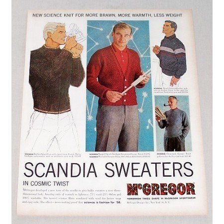 1958 McGregor Scandia Sweaters in Cosmic Twist Color Print Ad