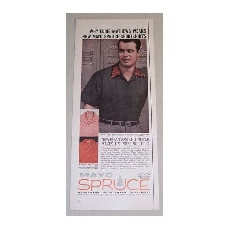 1955 Mayo Spruce Sports Shirt Color Art Print Ad Baseball Celebrity Eddie Mathews