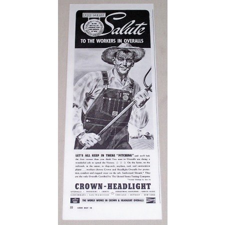 1943 Crown-Headlight Work Overalls Print Ad