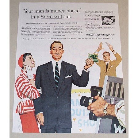 1954 Pacific Fabrics Surretwill Suit Game Show Art Color Print Ad