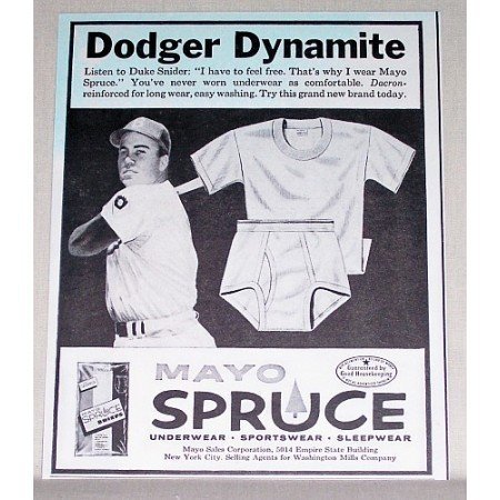 1956 Mayo Spruce Garmets Print Ad Baseball Celebrity Duke Snider