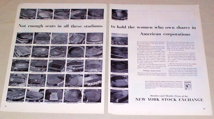 1953 NY Stock Exchange Football Baseball Stadiums Print Ad