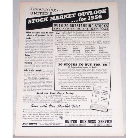 1956 UBS Stock Market Outlook Annual Forecast Offer Print Ad