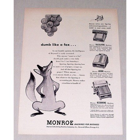 1949 Monroe Calculating Machines Fox Animal Art Print Ad - Dumb Like A Fox