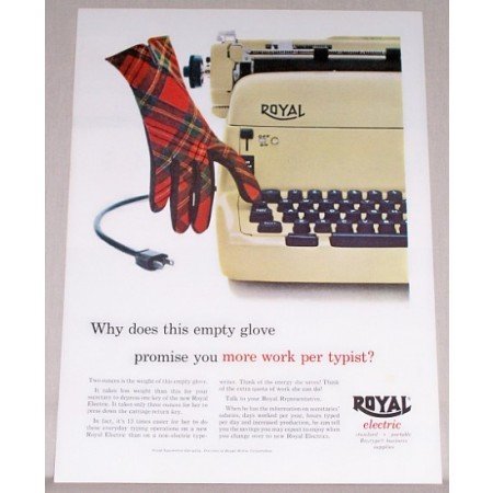 1955 Royal Electric Typewriter Plaid Glove Color Print Ad
