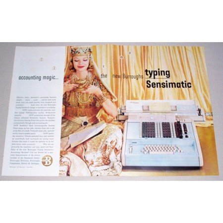 1957 Burroughs Sensimatic Typewriter 2 Page Color Print Ad