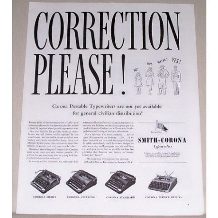 1944 Smith Corona Typewriters Print Ad - Correction Please!