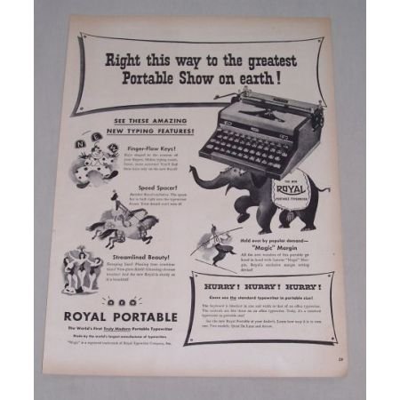 1949 Royal Portable Typewriter Circus Clowns Elephant Animal Art Print Ad