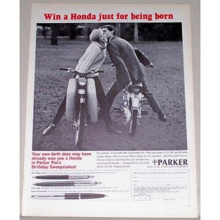 1965 Parker Pens Print Ad with Honda C-110 CA-102 Motorcycles