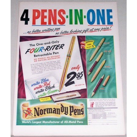 1948 Normandy Pens Color Print Ad - 4 Pens In One