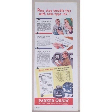 1945 Parker Quink Pen Ink Color Print Ad