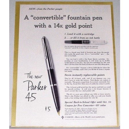 1961 Parker 45 Convertible Fountain Pen Color Print Ad