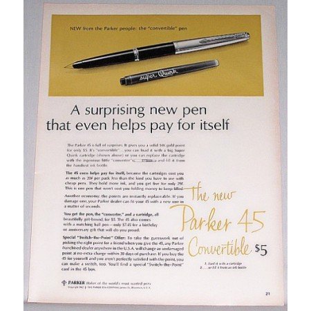 1962 Parker 45 Convertible Fountain Pen Color Print Ad