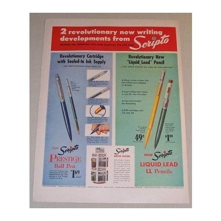 1955 Scripto Prestige Ball Pen Liquid Lead Pencil Color Print Ad