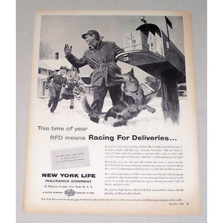 1956 New York Life Insurance Winter Art Print Ad - Racing For Deliveries